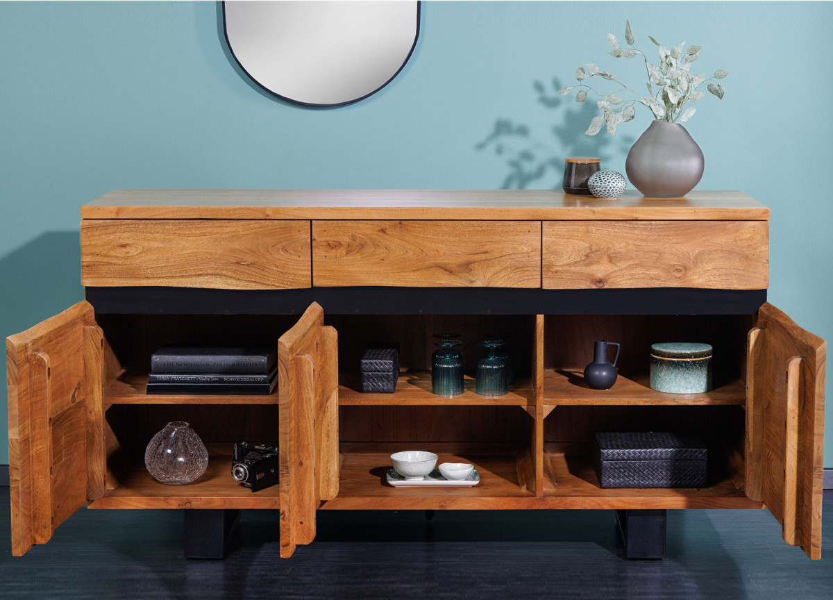 Grand buffet en bois massif bois naturel et métal noir