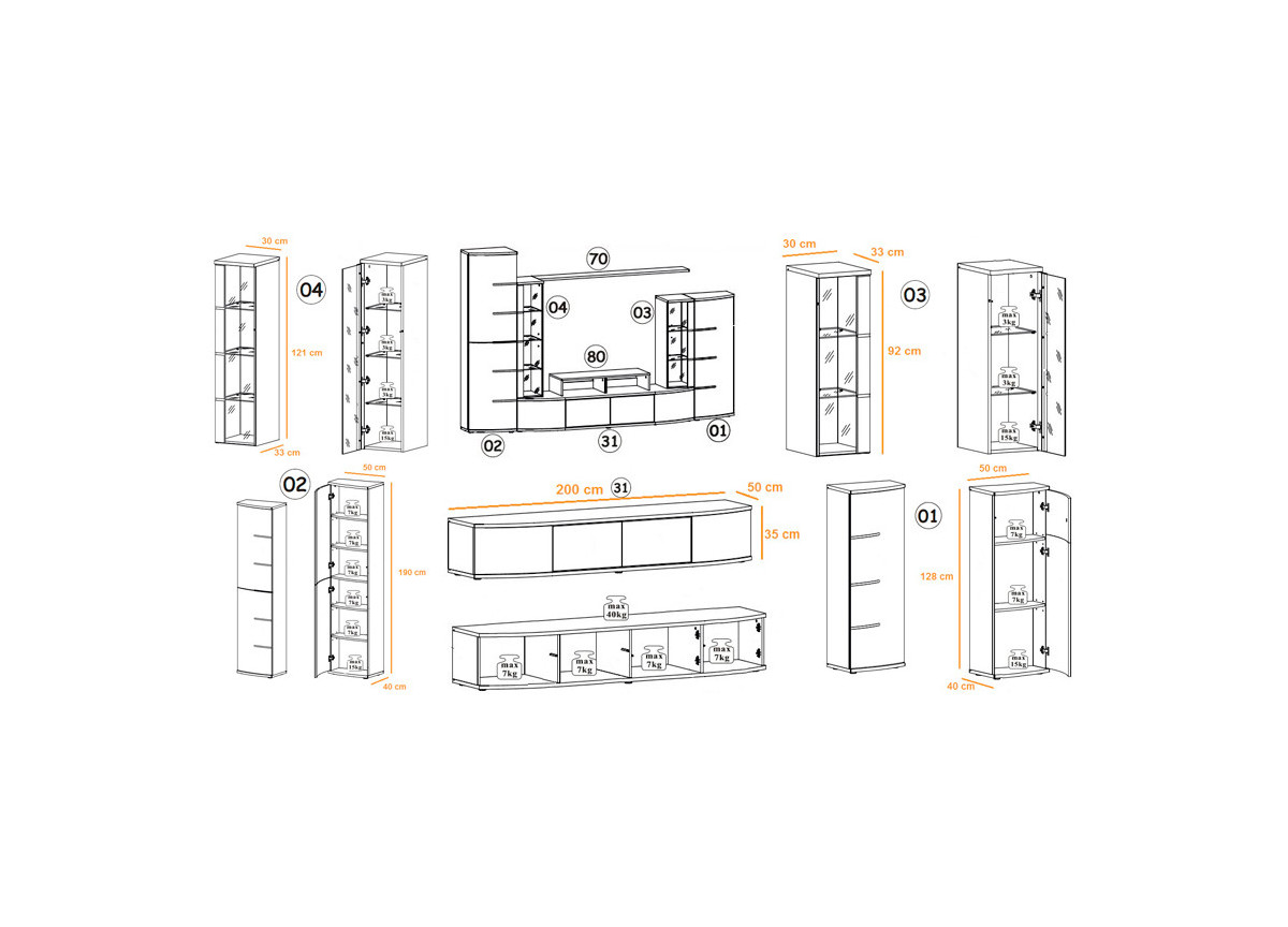 Ensemble TV Living Design Blanc et Noir Laqué - 300 cm