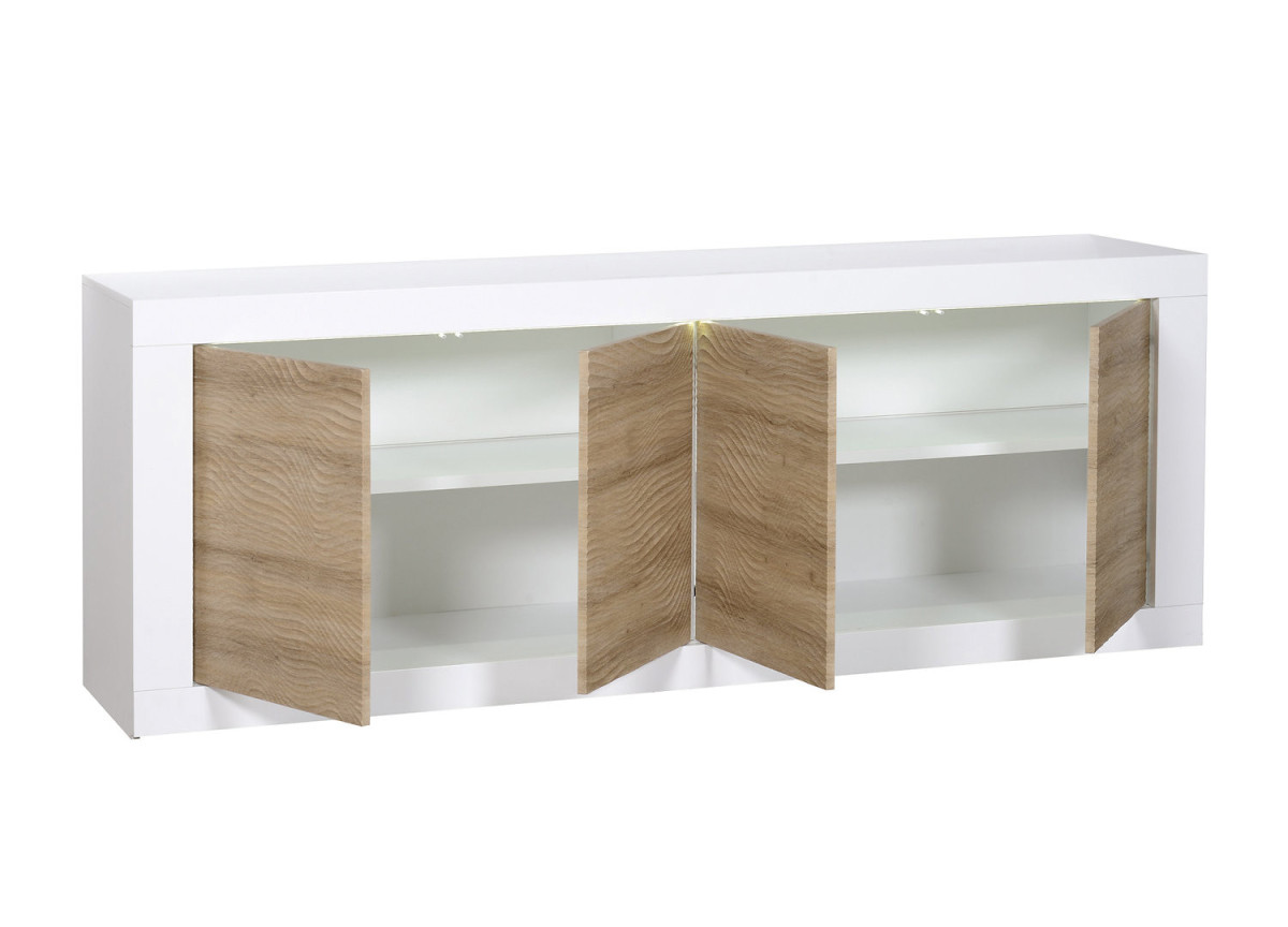 Buffet design blanc et bois avec relief 220 cm 4 portes