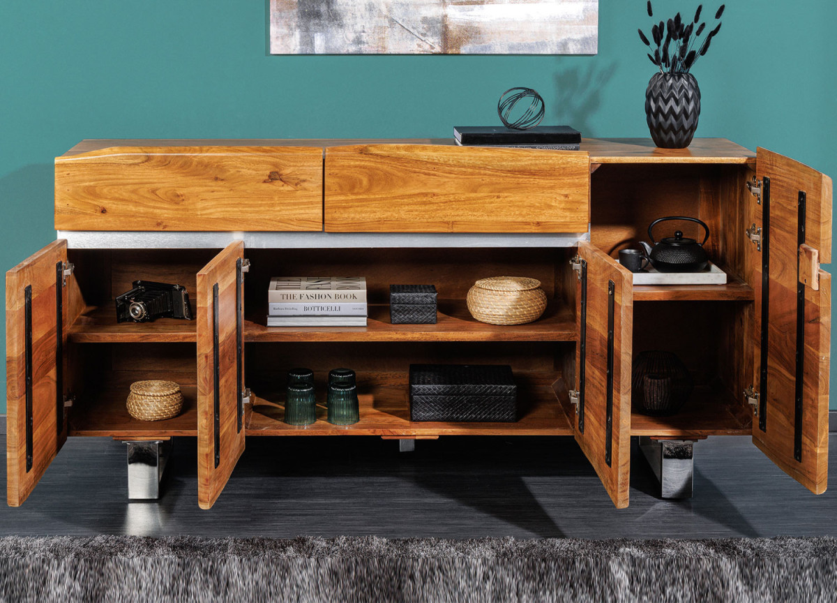 Grand buffet en acacia et métal chromé 170 cm