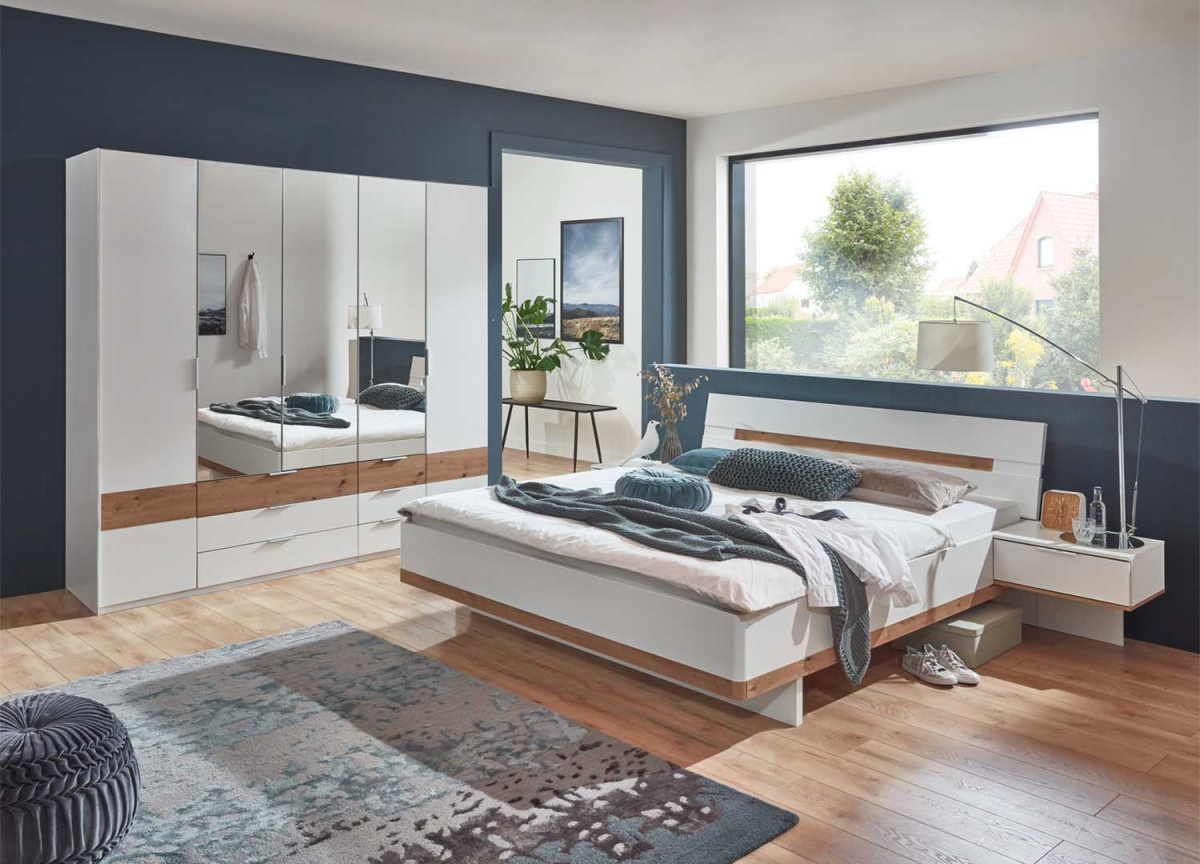 Chambre adulte avec lit chevets et armoire blanc et bois Gibraltar