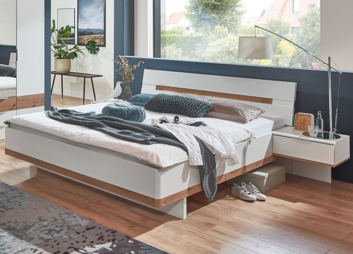 Chambre adulte avec lit chevets et armoire blanc et bois Gibraltar