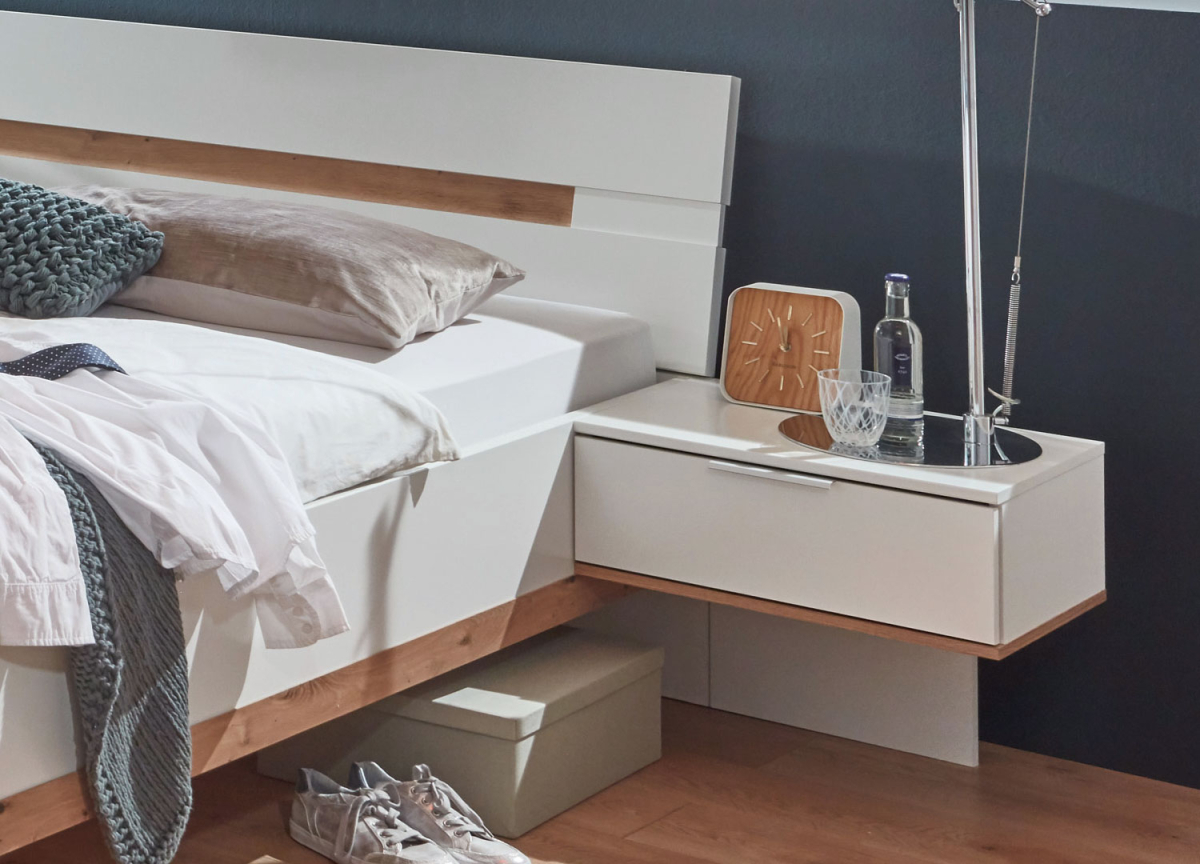 Chambre adulte avec lit chevets et armoire blanc et bois Gibraltar