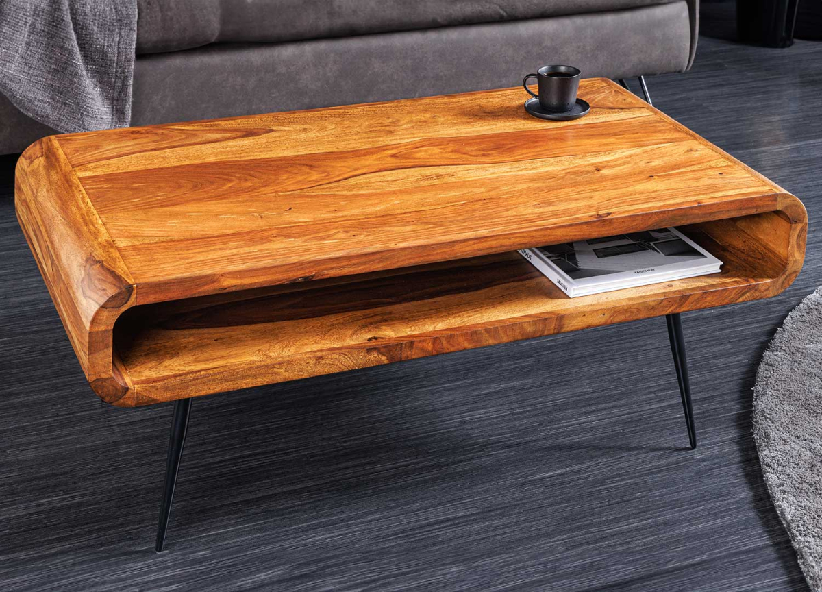 Table basse vintage en bois massif et métal noir