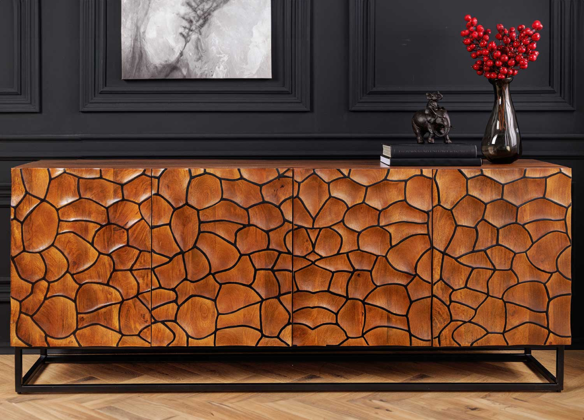 Buffet long 4 portes en bois et métal avec relief