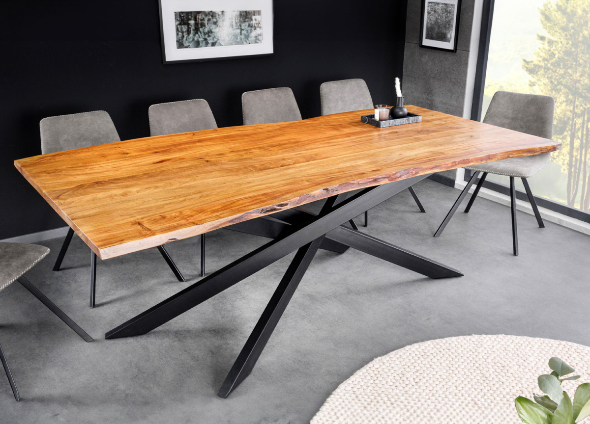 Table de repas bois d'acacia et pieds moderne en métal noir