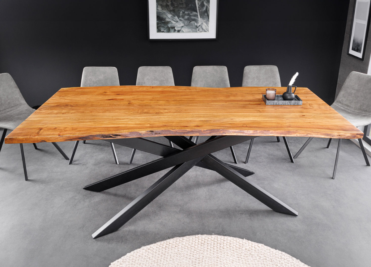 Table salle à manger plateau acacia et pieds moderne noir