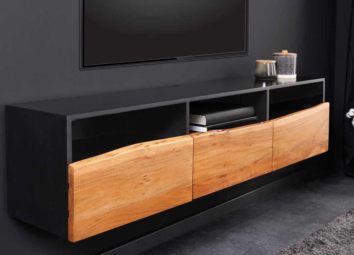 Meuble tv suspendu en mdf noir et bois d'acacia