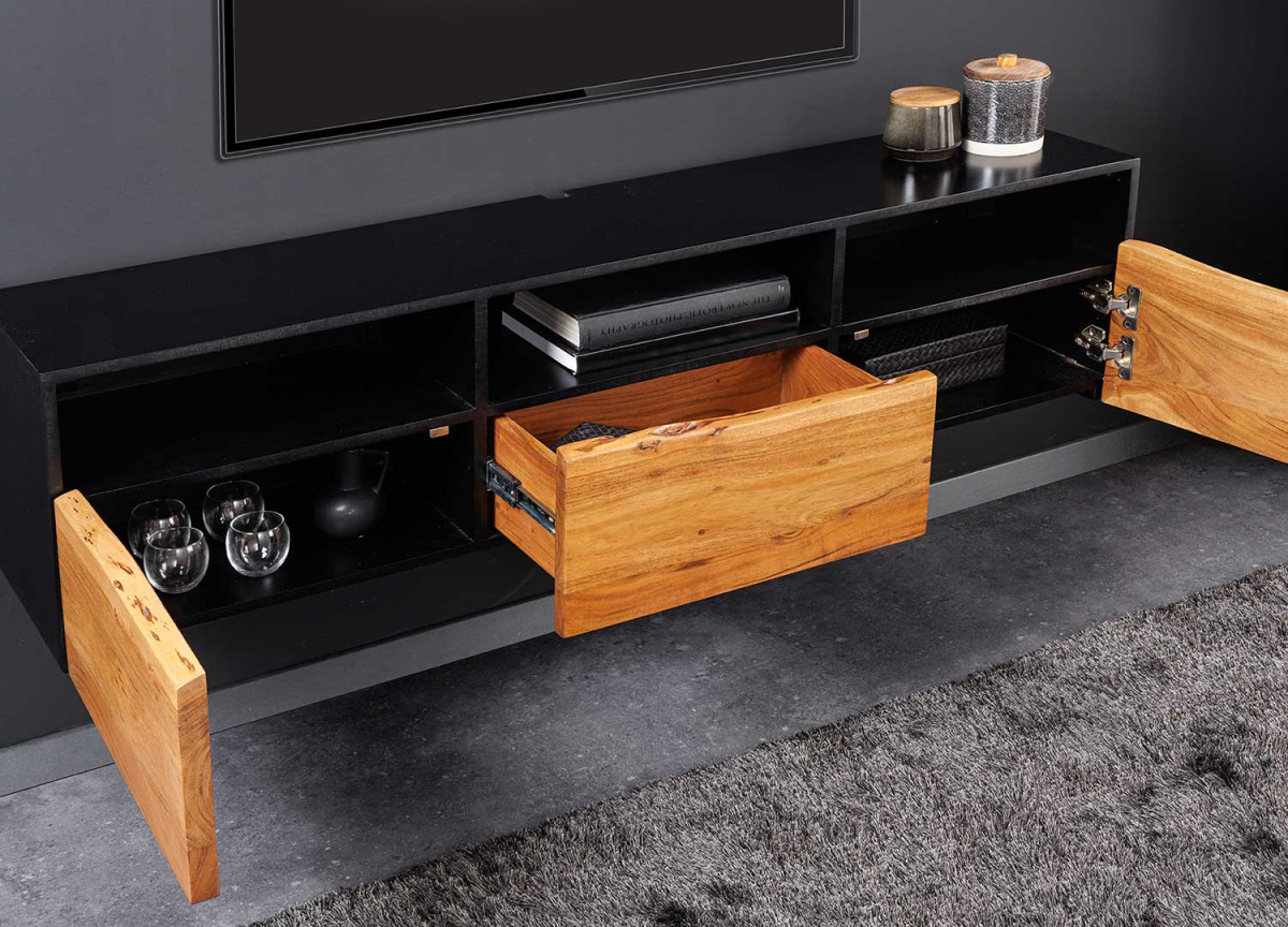 Meuble tv 140 cm structure noir et façades en acacia