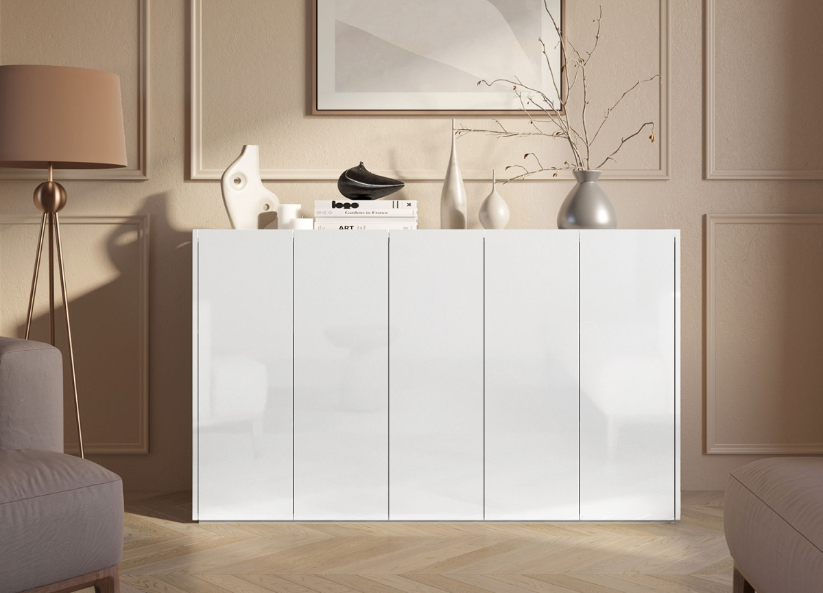 Buffet 5 Portes Blanc Brillant et Bois