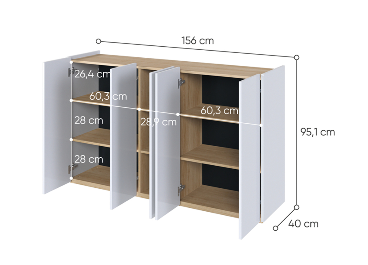 Buffet 5 Portes Blanc Brillant et Bois