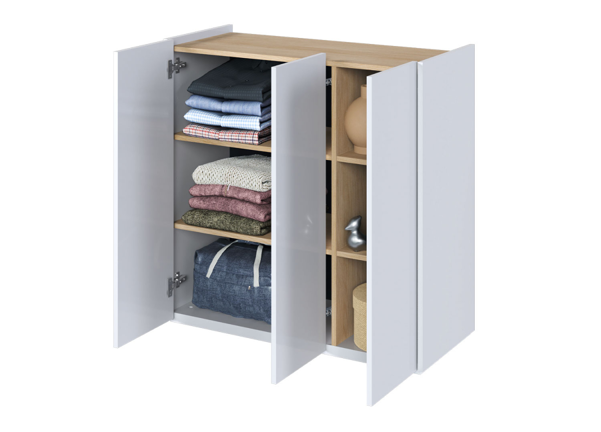 Meuble de Rangement Blanc Laqué Brillant et Bois