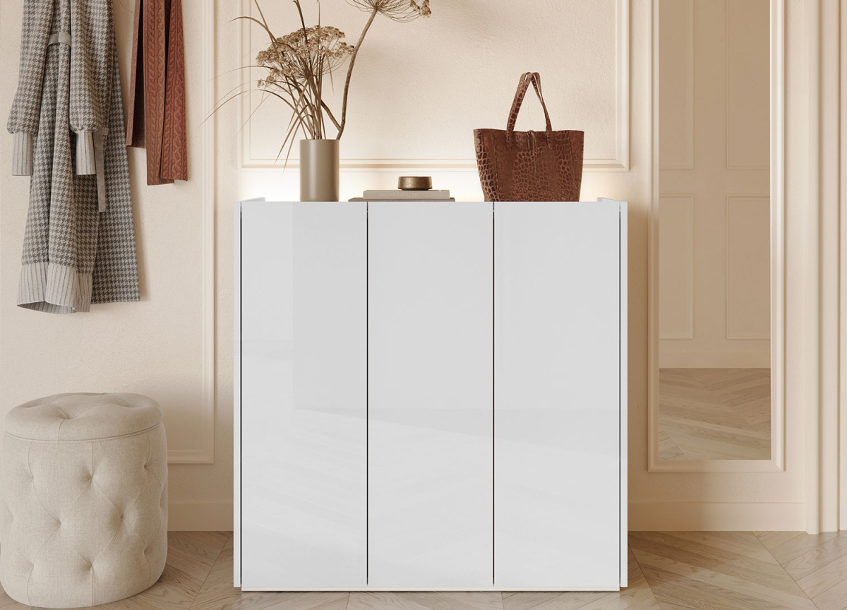 Meuble de Rangement Blanc Laqué Brillant et Bois