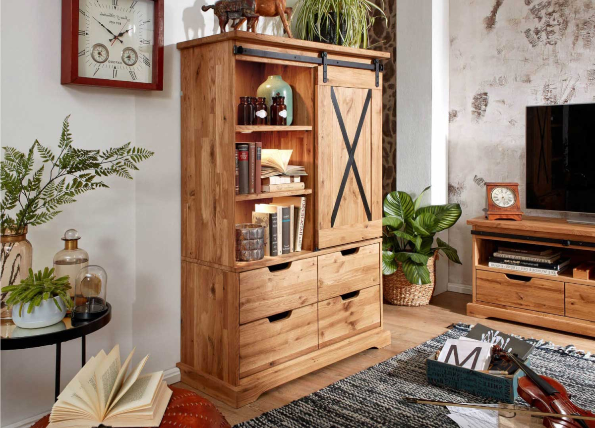 Buffet rustique en bois massif et détail en métal
