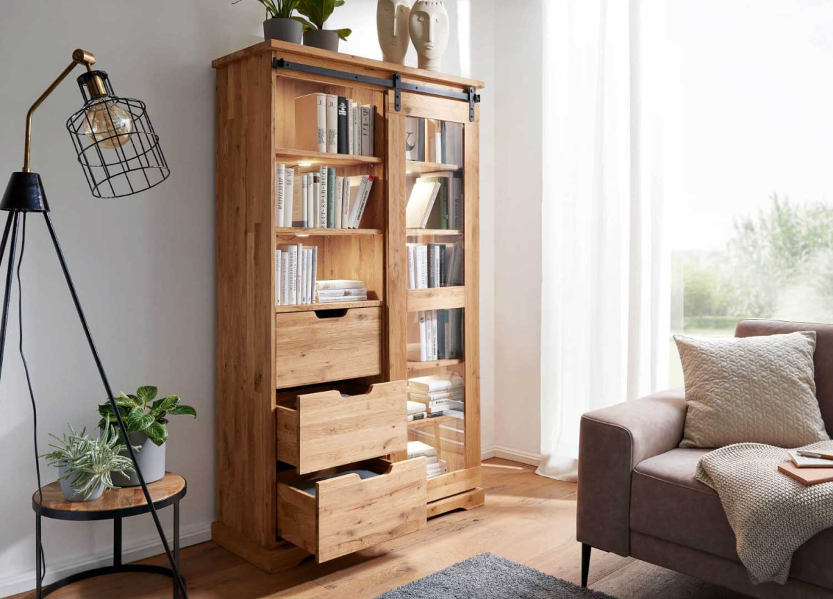 Meuble vitrine haute avec tiroir et porte coulissante vitrée