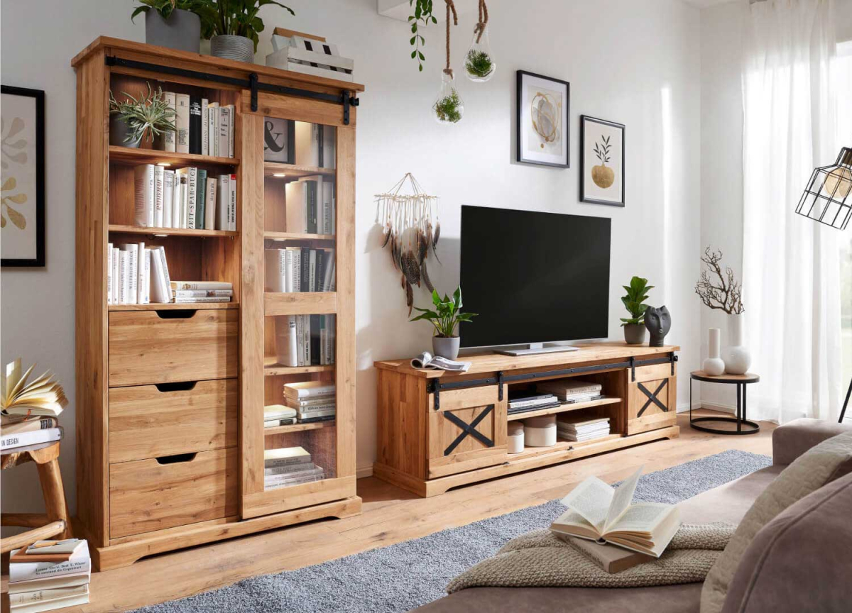 Mobilier de salon rustique en chêne massif et métal noir