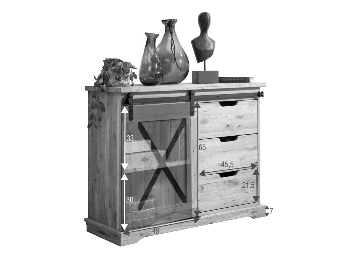 Commode en Bois Massif de Chêne - 1 Porte, 3 Tiroirs