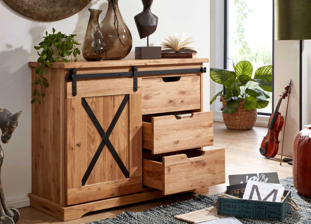 Commode en bois rustique 1 porte et 3 tiroirs