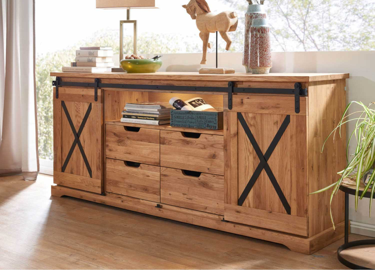 Buffet Portes Coulissantes en Bois Massif et Métal
