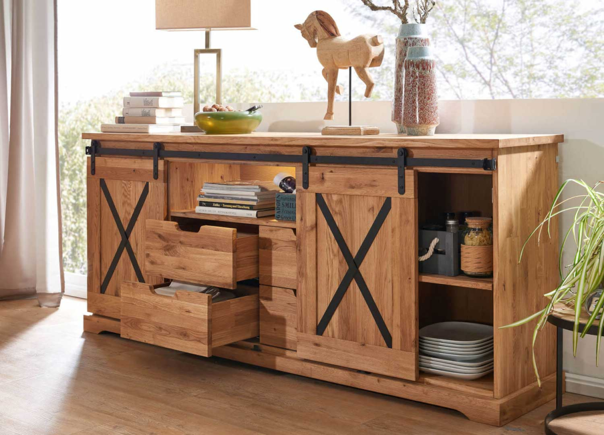 Buffet Portes Coulissantes en Bois Massif et Métal