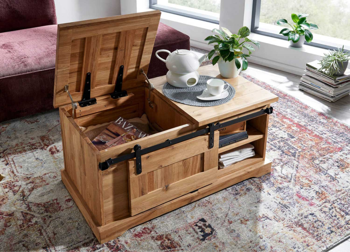 Table basse coffre moderne en bois de chêne et métal