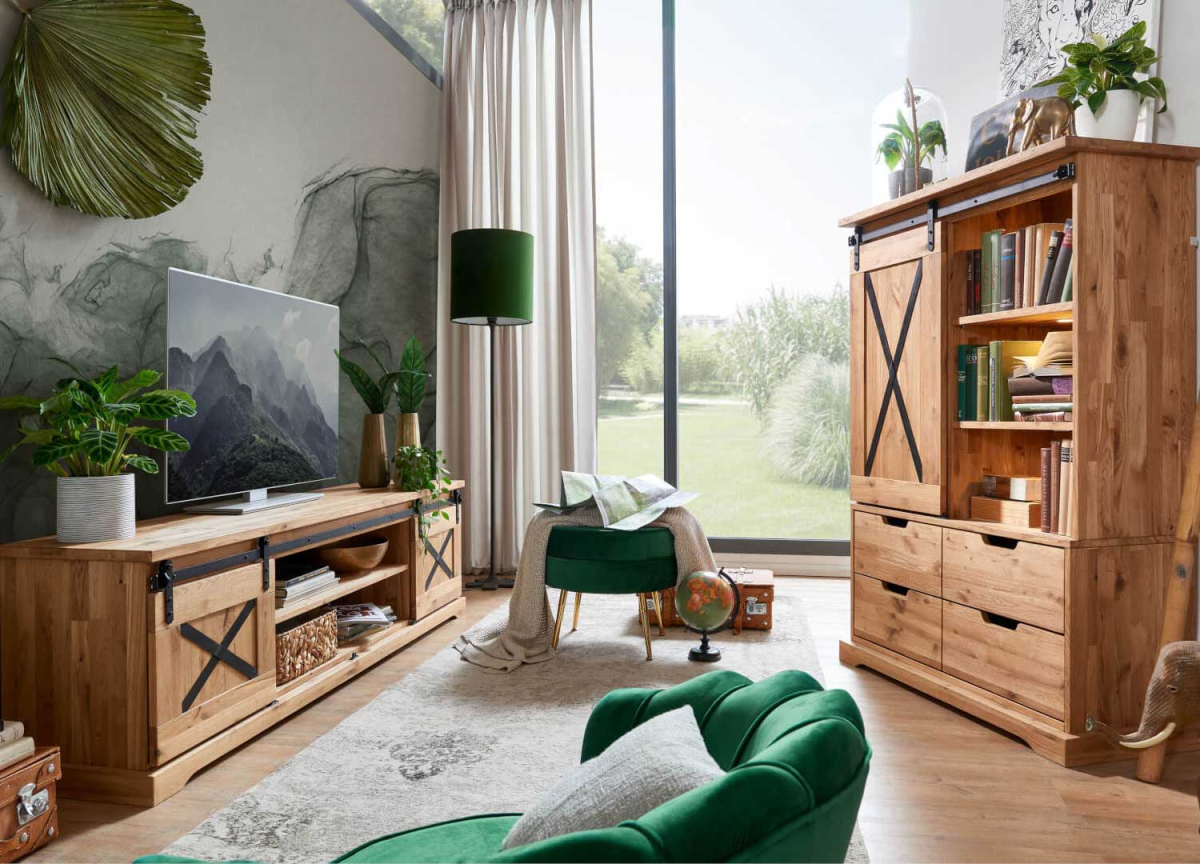 Mobilier de salon rustique en chêne et détails métalliques noir