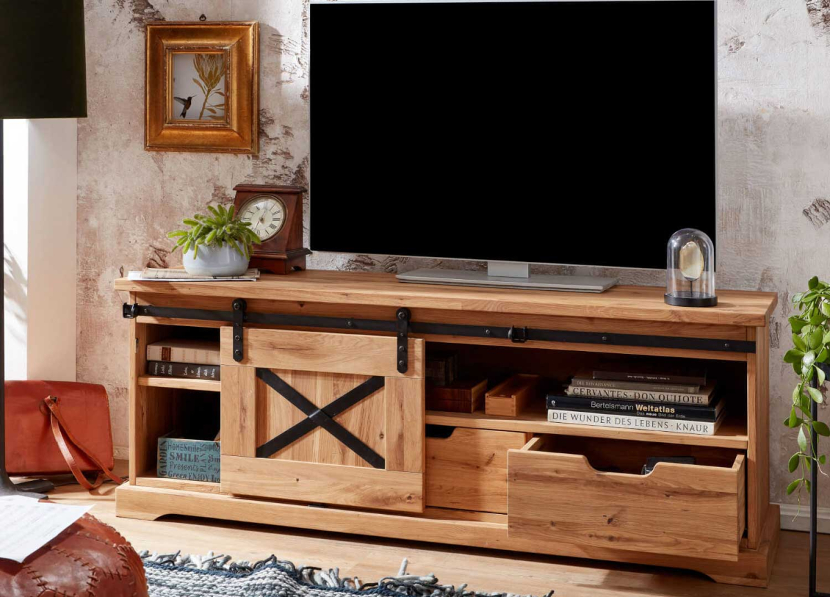 Meuble télé rustique en chêne et métal avec rangement