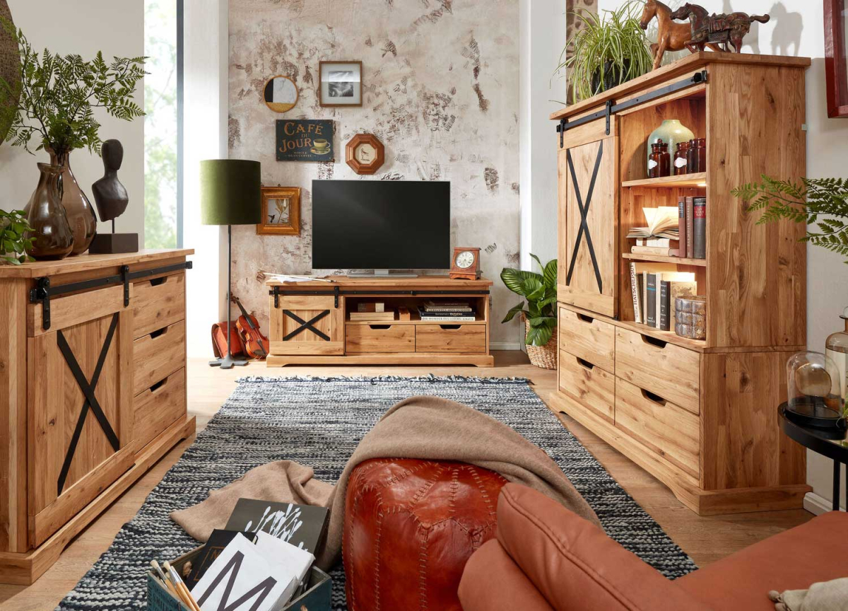 Mobilier rustique en bois massif et métal noir