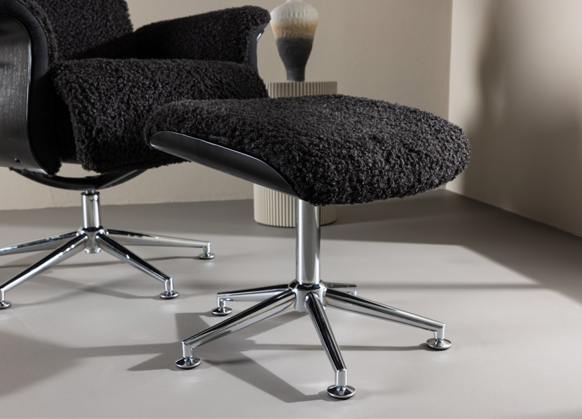 Fauteuil avec Repose-pieds en Tissu Bouclé Noir