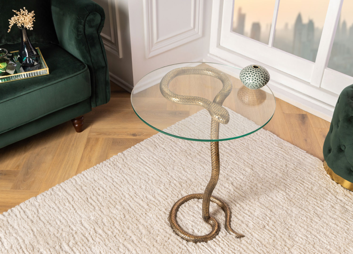 Table d'appoint originale serpent doré et plateau en verre