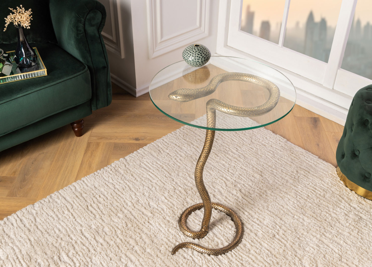 Bout de canapé serpent doré et plateau en verre