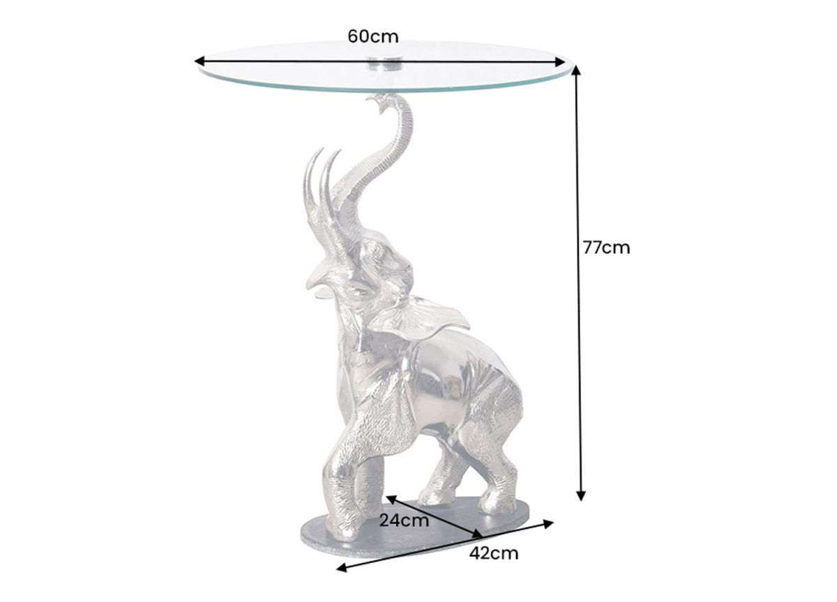 Bout de Canapé Éléphant Argenté et Plateau en Verre de 60 cm