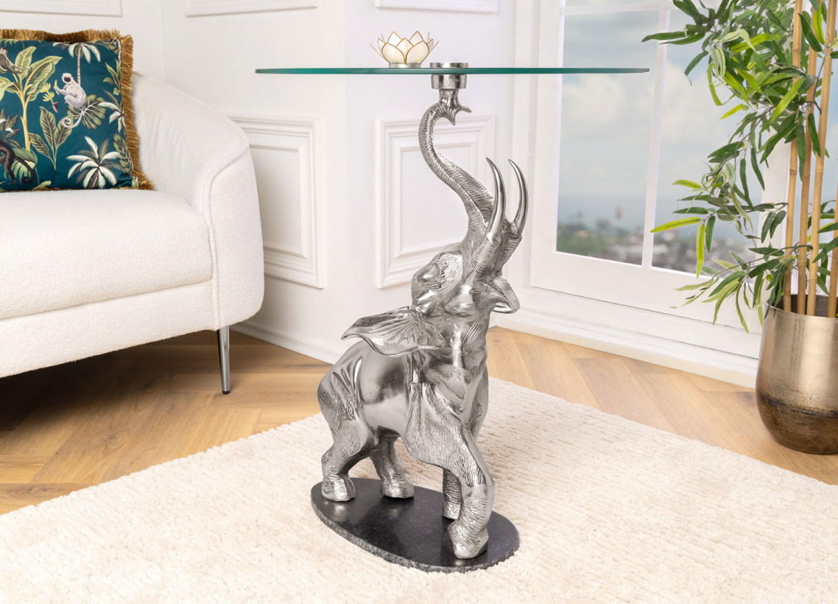 Bout de canapé éléphant argenté et plateau en verre