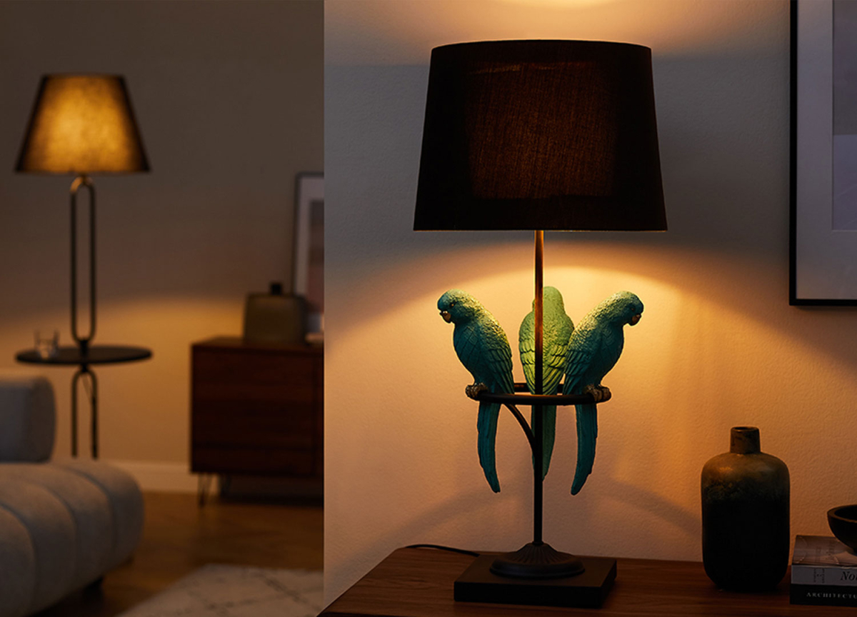 Lampe originale avec 3 perroquets turquoise