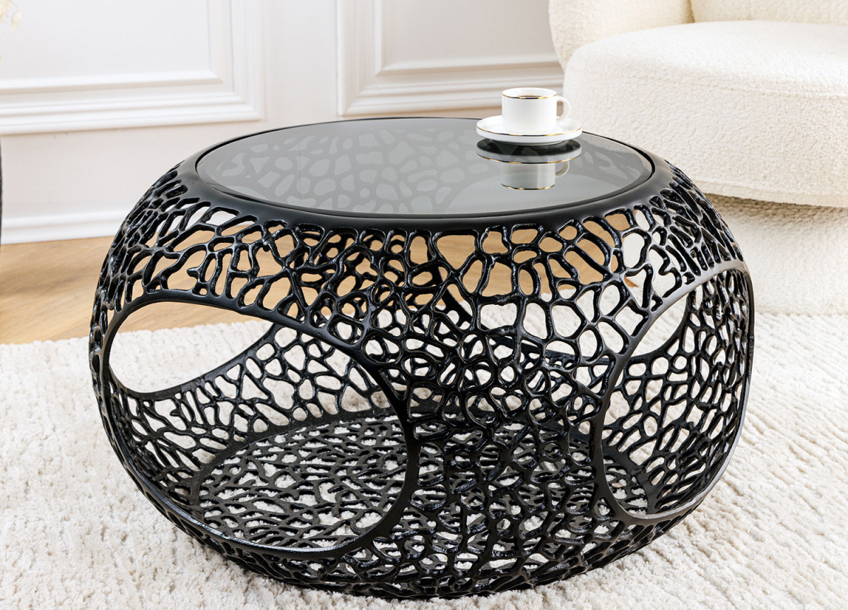 Table basse design ronde verre fumé et métal noir moderne