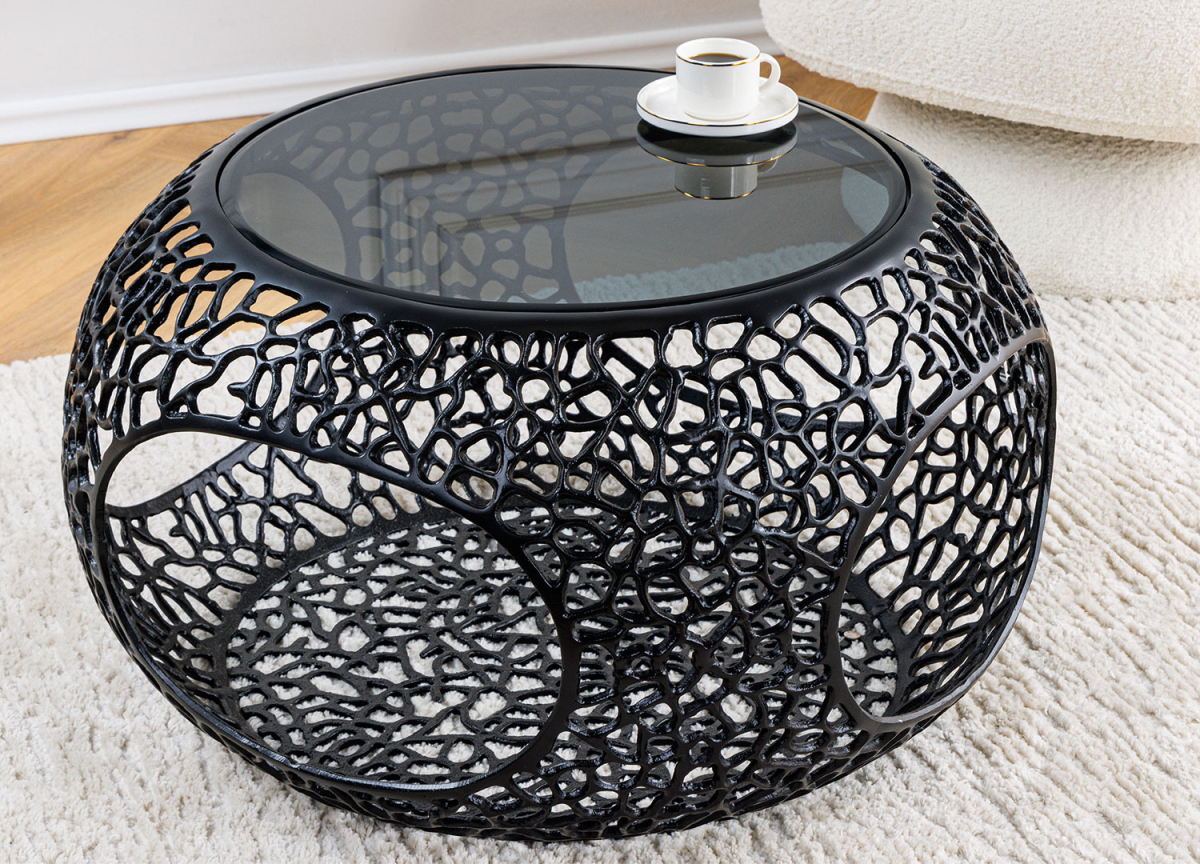 Table basse ronde verre fumé métal noir, décoration