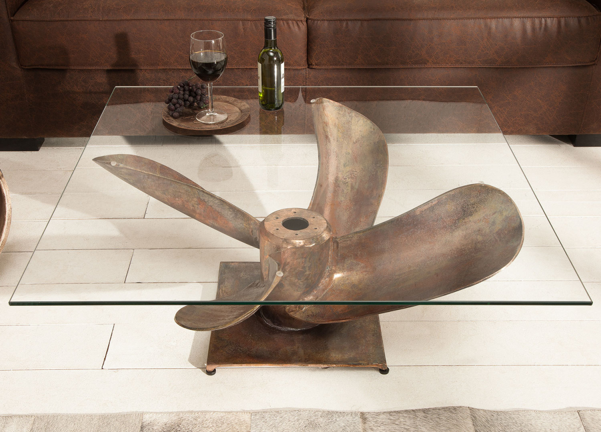 Table basse originale socle hélice de bateau et plateau en verre 85 cm