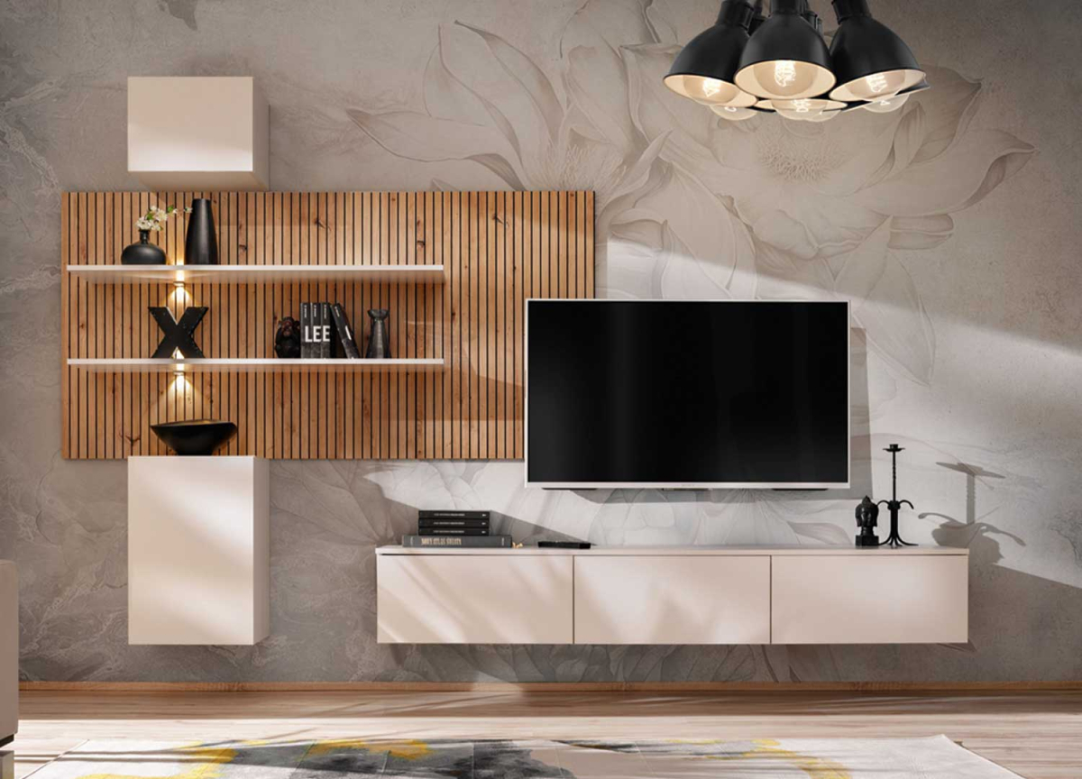 Ensemble tv moderne suspendu avec vitrine murale