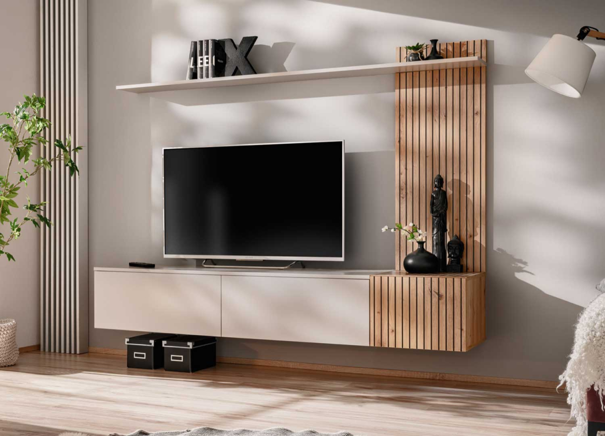 Ensemble tv mural tendance couleur cachemire bois et noir
