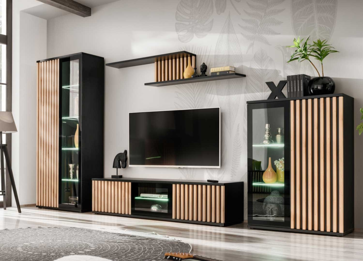 Ensemble Meuble TV , Vitrines avec LED, Noir et Bois