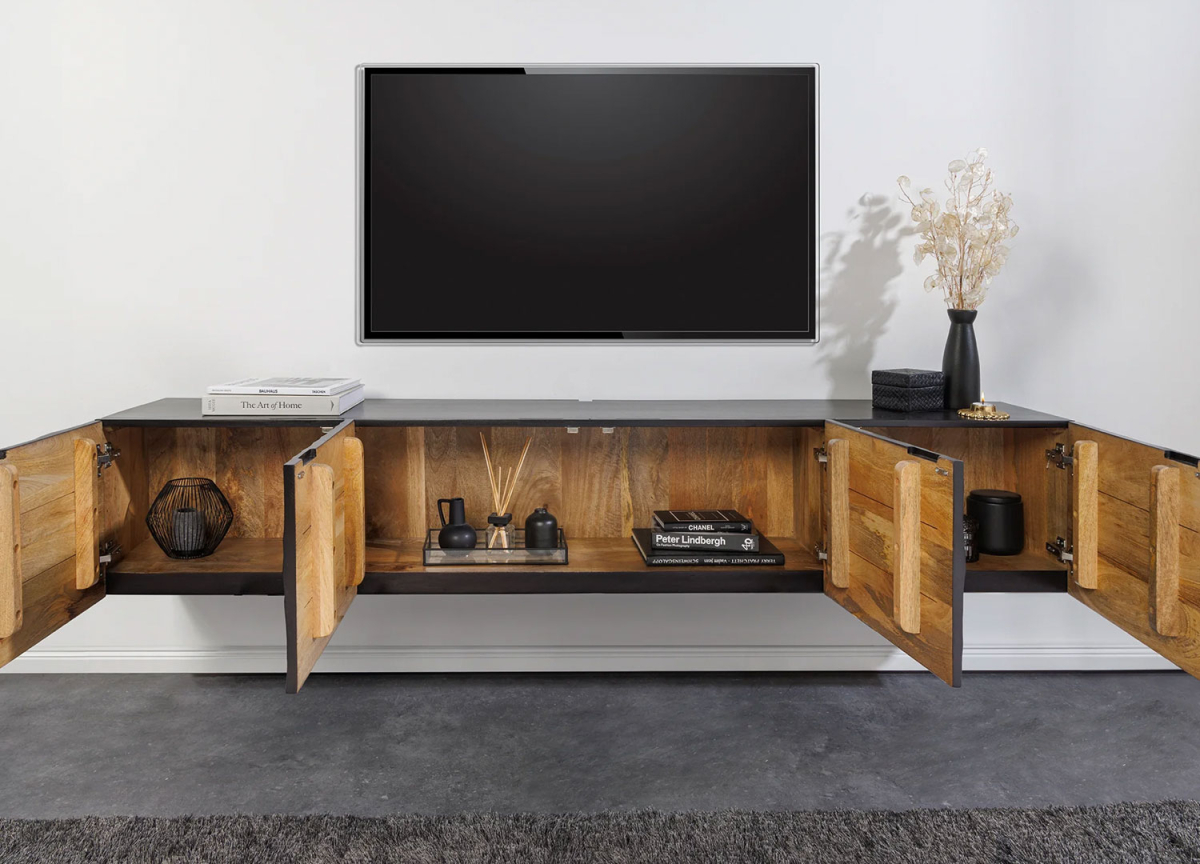 Meuble TV Suspendu en Bois de Manguier Sculpté