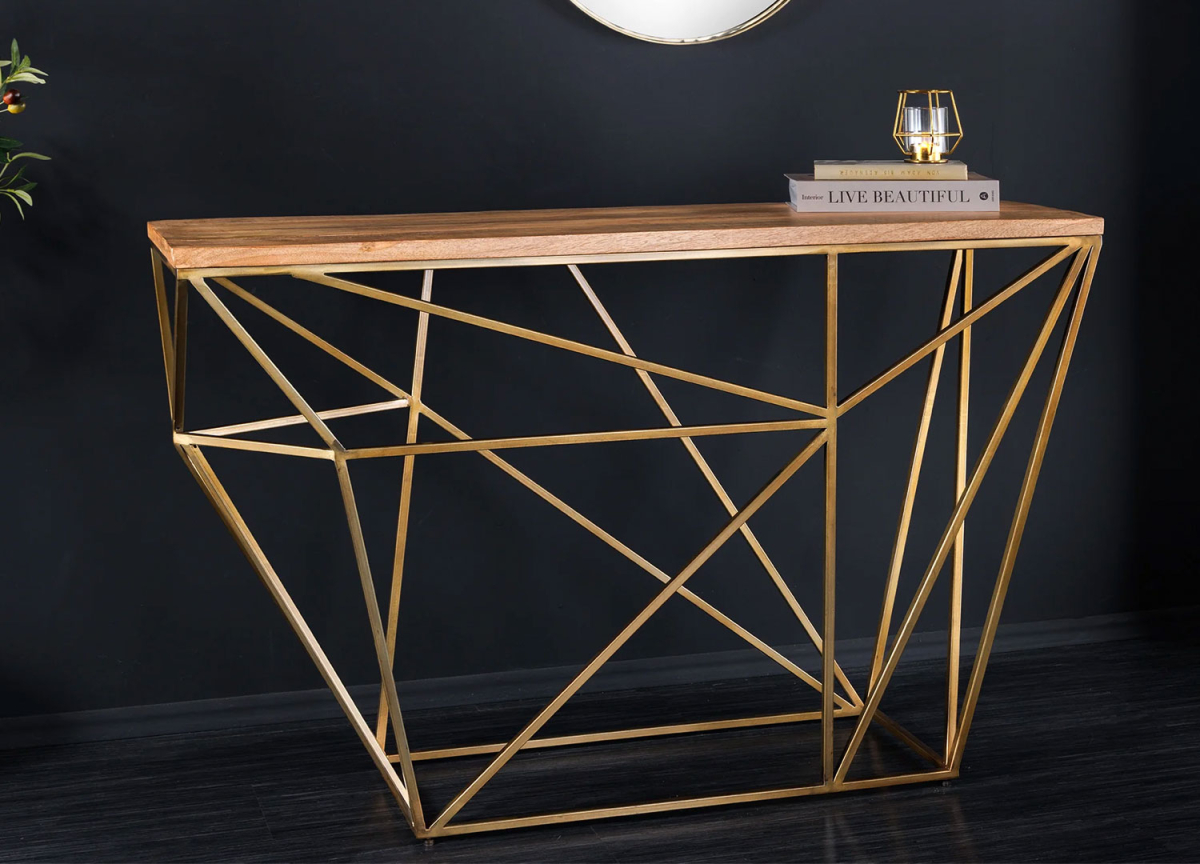 Grande console décorative dorée et bois