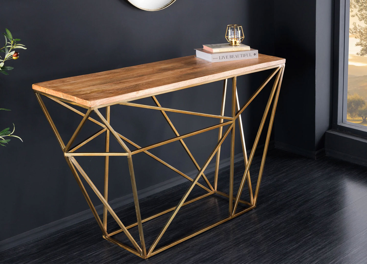 Console design en bois massif et structure dorée