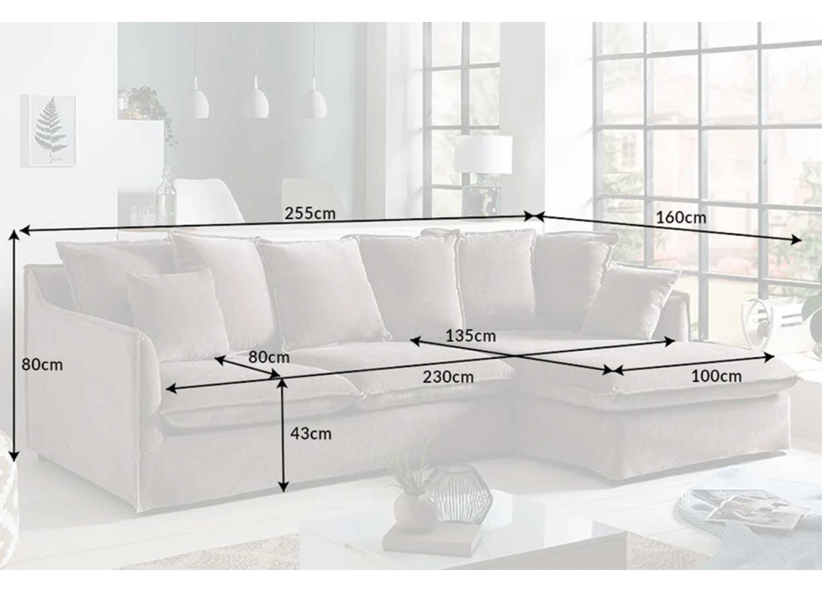 Mesures en détails du canapé d'angle