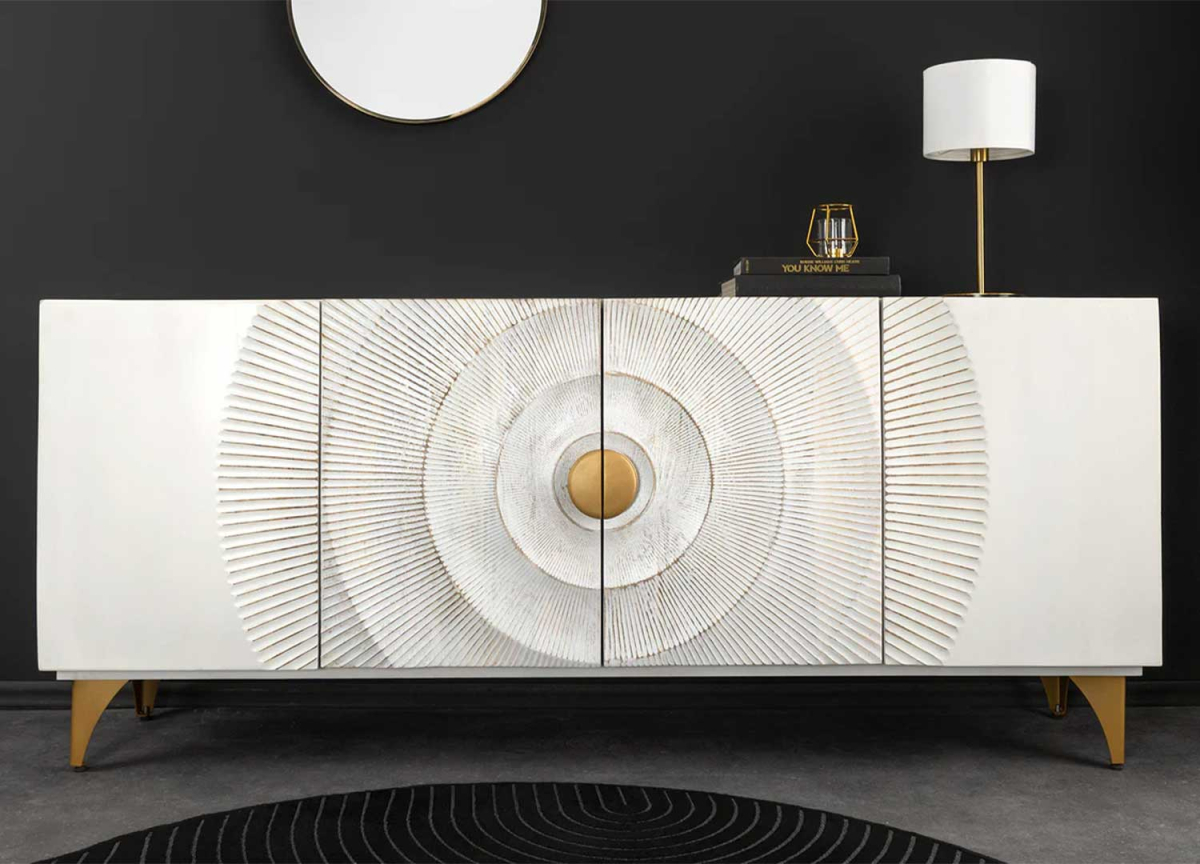 Buffet design 4 portes en bois de manguier sculpté