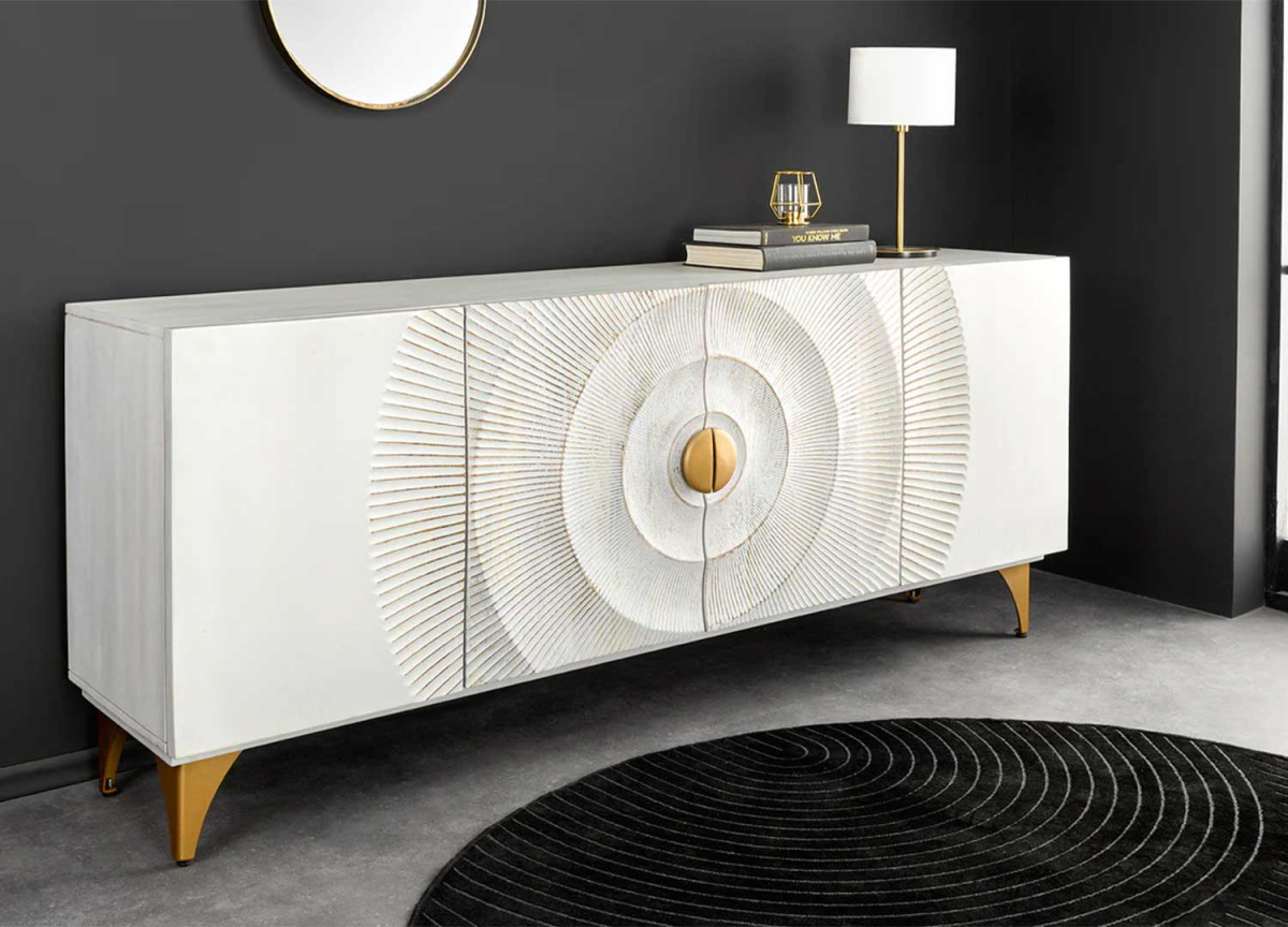 Meuble buffet moderne massif en bois de manguier sculpté 4 portes