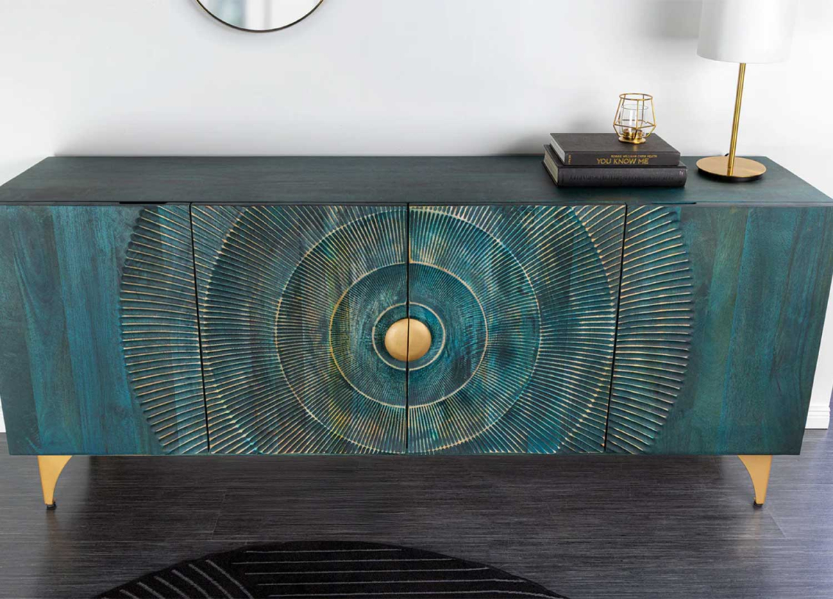 Buffet design en bois de manguier sculpté turquoise