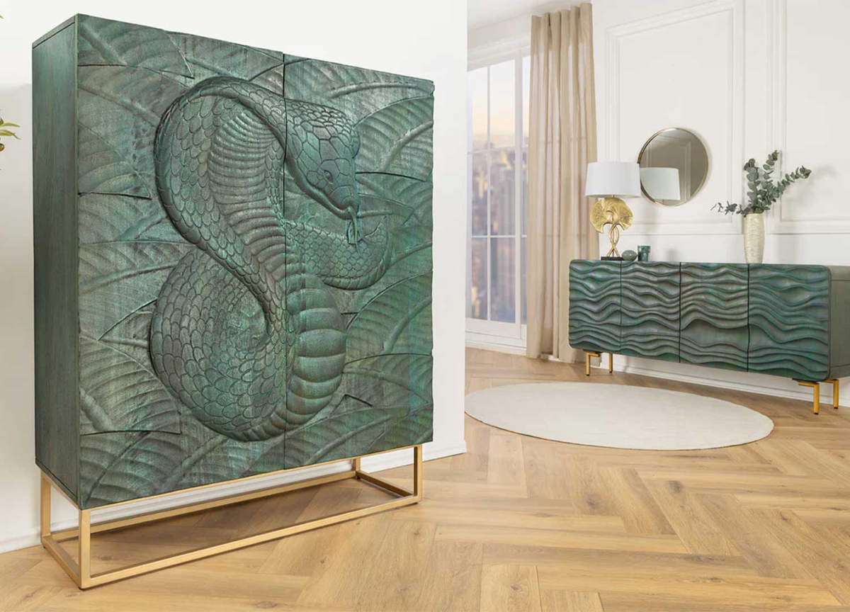 Buffet design sculpté en bois déco serpent turquoise