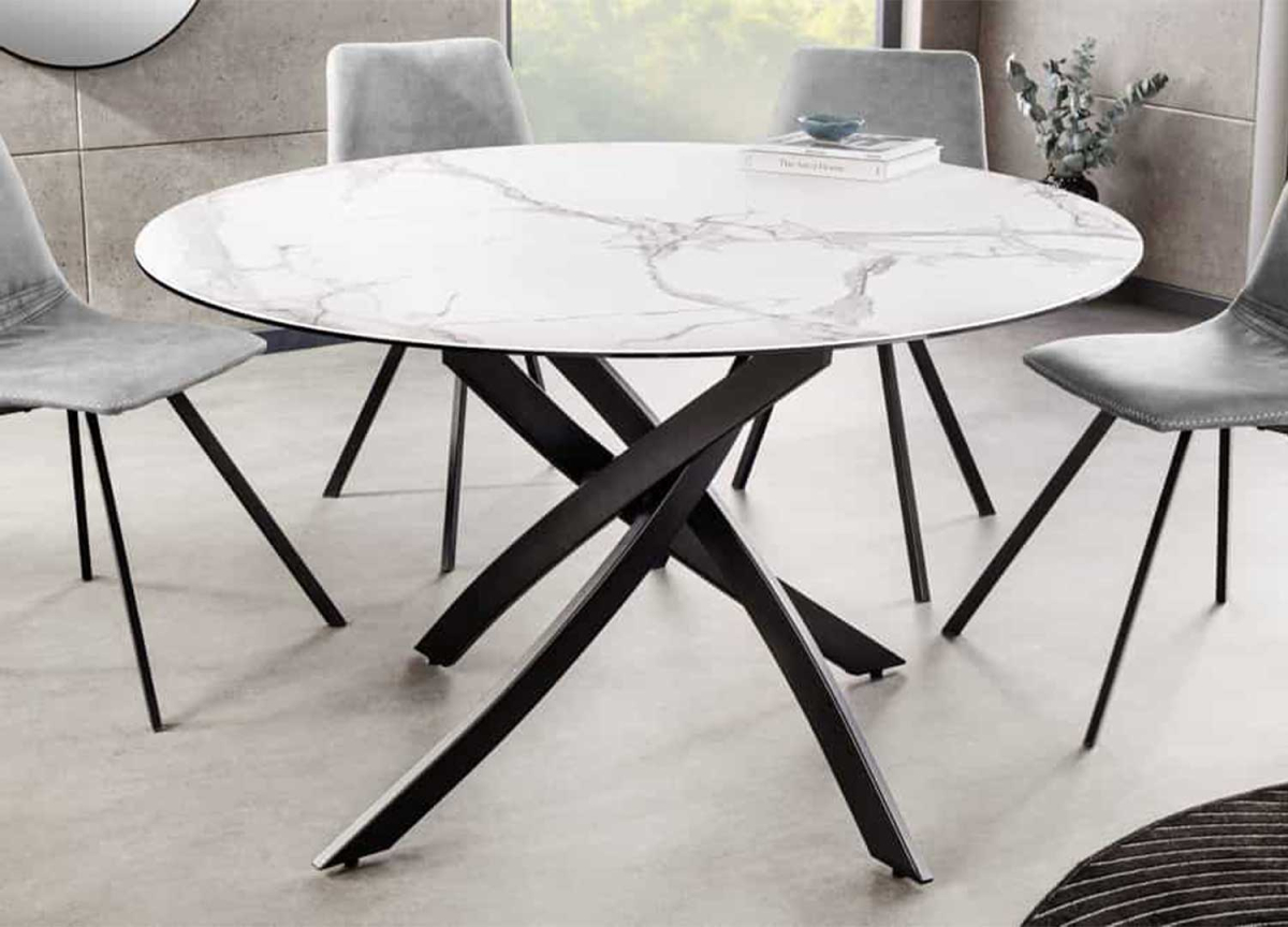 Table salle à manger ronde en céramique effet marbre
