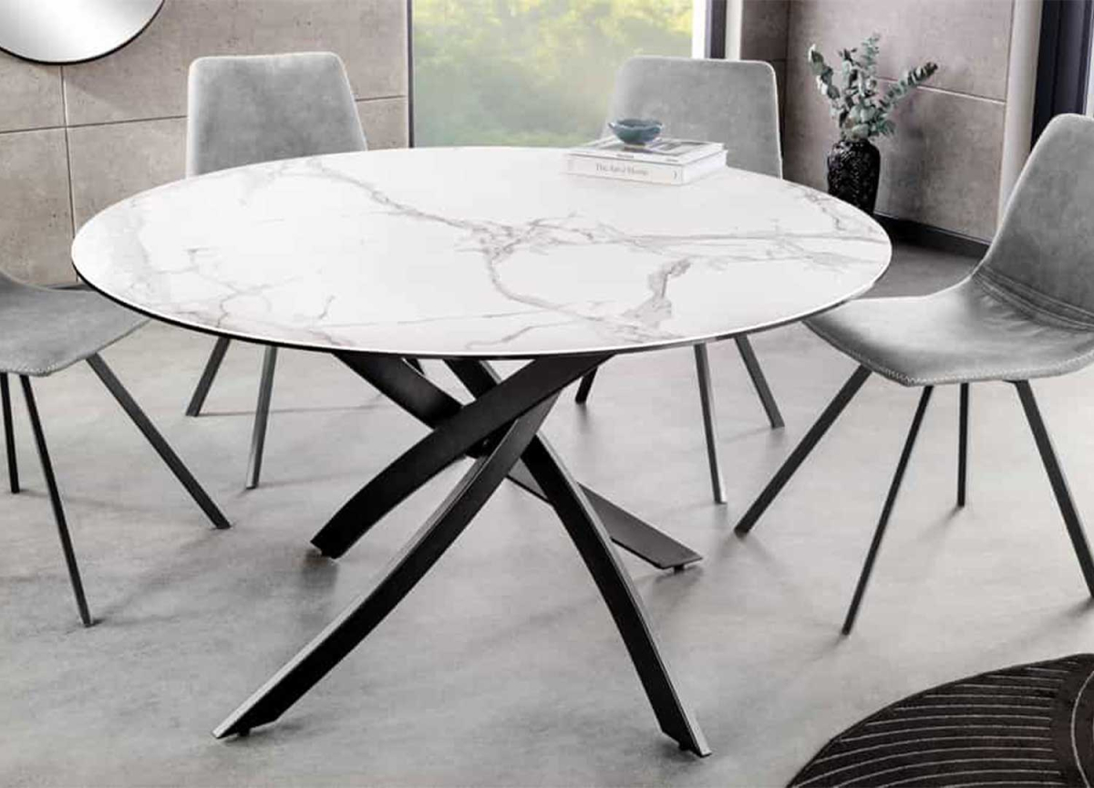 Table à manger design ronde en céramique effet marbre 120 cm